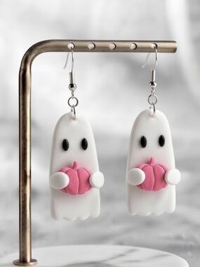 Fall Ghostie Holding Pumpkin — Fall — Handmade Earrings — Pink